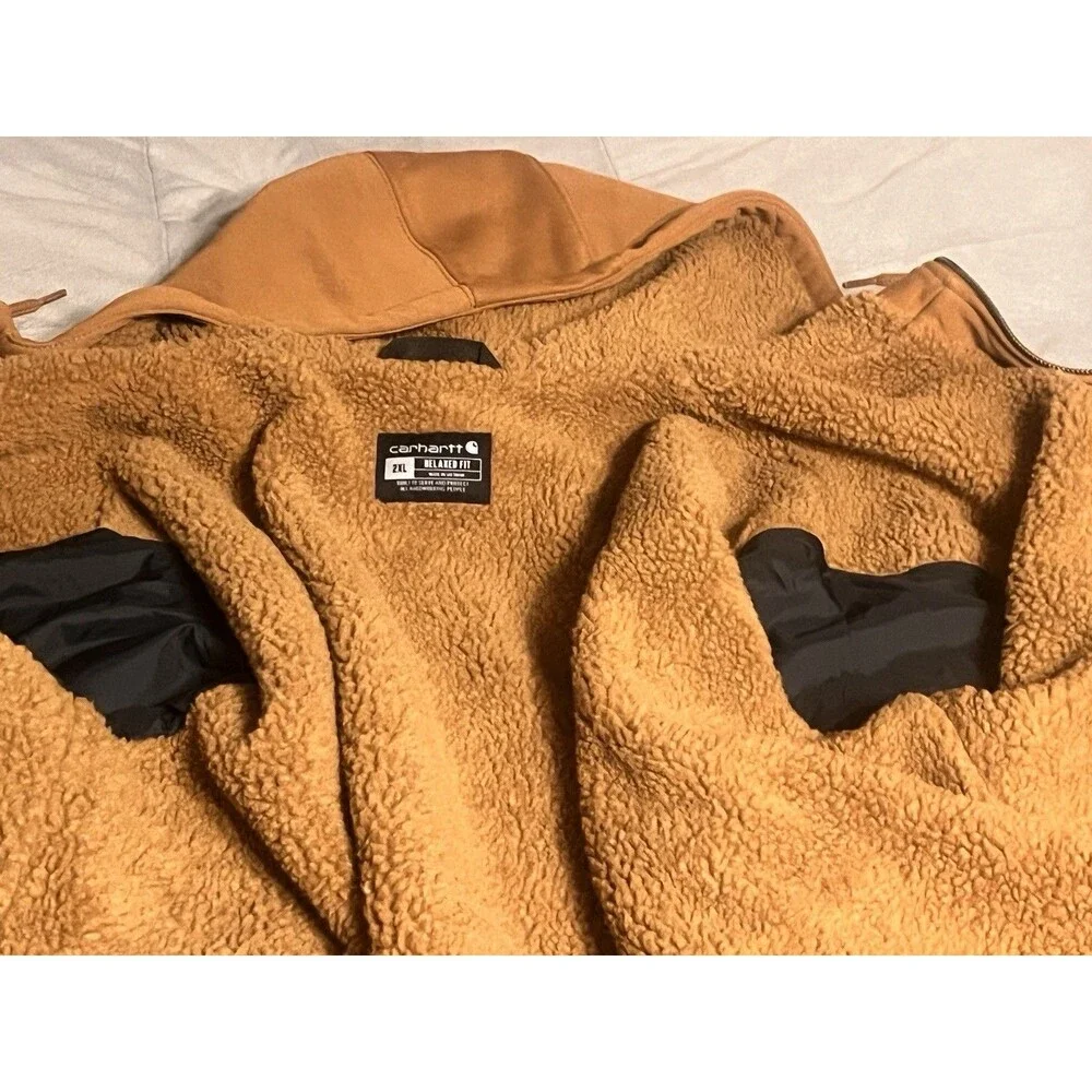 Carhartt Rain Defender Sherpa Lined Jacket Hoodie Mens 2XL Tan NWOT TS3308-M